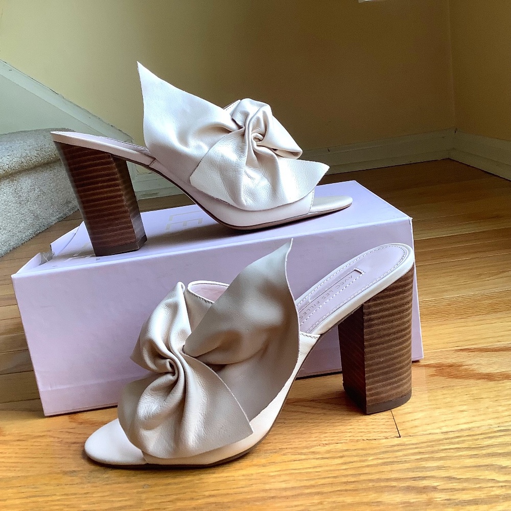 Avec Les Filles Marie Leather Bow Block-Heel Slide Sandals Pink Sand Nappa SZ 9